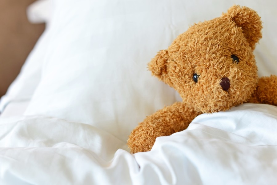 The teddy is on the bed